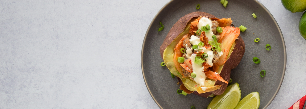 Kimchi-Stuffed Japanese Sweet Potatoes with Savory Pork}