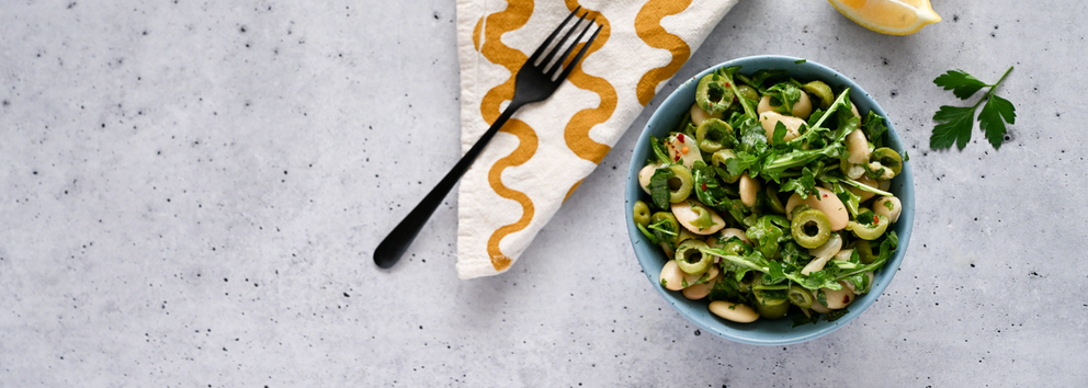 Mediterranean White Bean Salad with Butter Olives}