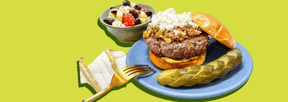 Muffuletta Olive Mix & Feta Lamb Burger}