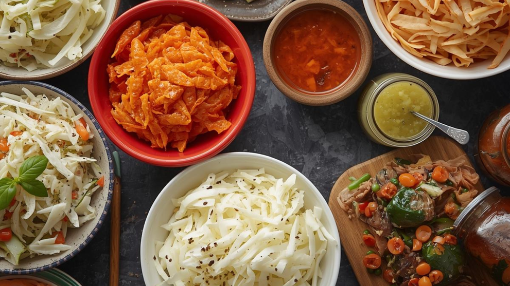 Assorted Fermented Cabbage Dishes Displayed