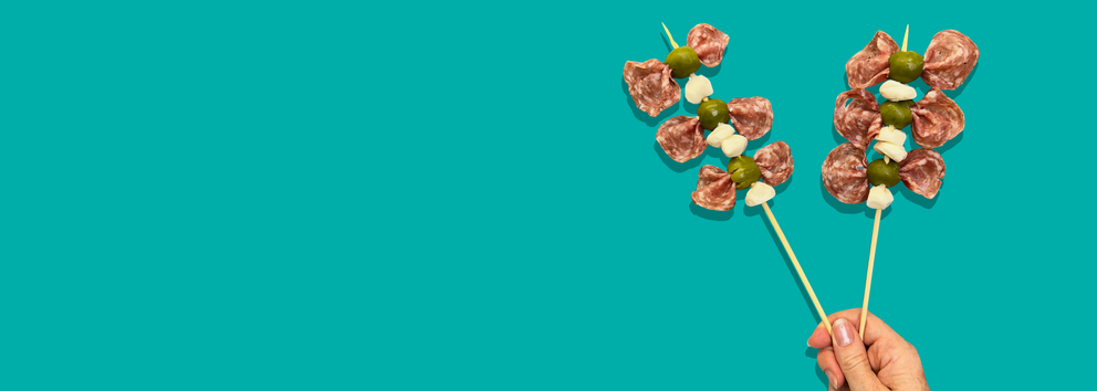 Sweet & Savory Salami Olive Bowtie Skewers}