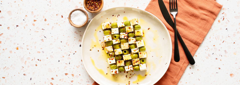 Checkerboard Feta & Butter Olive Snack Plate}