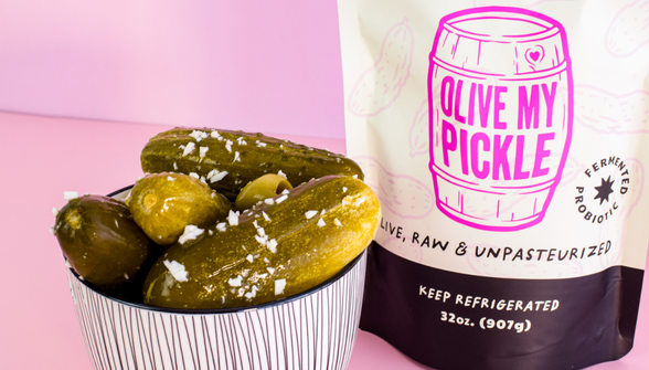 Product image showing refrigerated pickle packaging with text KEEP REFRIGERATED 20oz (907g)