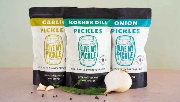 Three testimonial pickle pouches showing Garlic Pickles, Kosher Dill Pickles, and Onion Pickles variants with garnish on neutral background