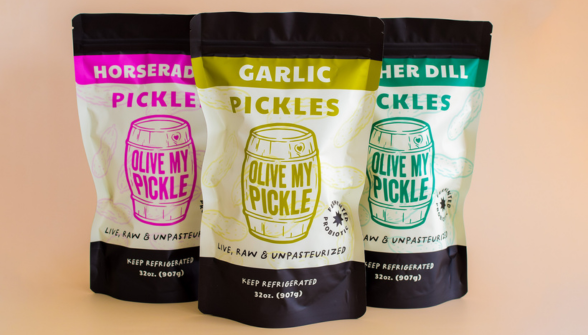 Three testimonial pickles pouches showing Horseradish Pickles, Garlic Pickles, and Dill Pickles variants on beige background