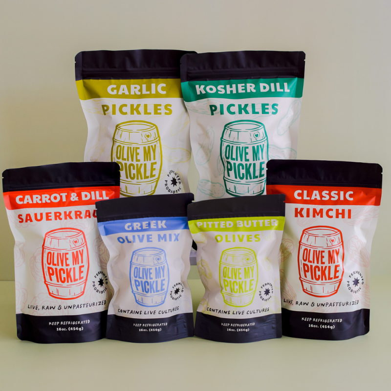 Best of six-pack bundle with Garlic Pickles, Kosher Dill, Carrot & Dill, Sauerkraut, Blue Pickle, and Live My Pickle varieties