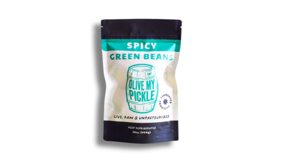 Spicy green beans in a clear package, with a label that reads "" and "LIVE & RAW"