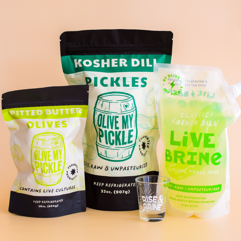 Kosher Dill Pickles three-pack bundle with product bottles displayed on tan background