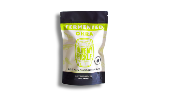 Fermented okra in a clear package with a yellow label, text reading "fermented okra" and "love my pickle".