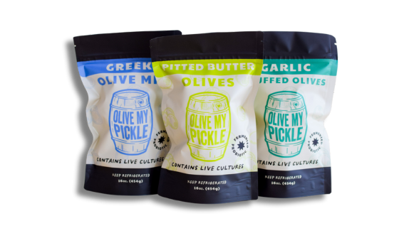 3 bags of pickles, flavors: garlic, olive