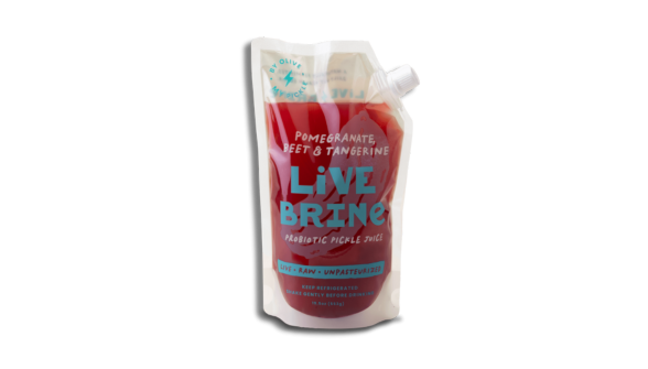 Live Brain fermented beverage, 12 oz, in clear plastic bottle, with blue label and white text, on display at store.